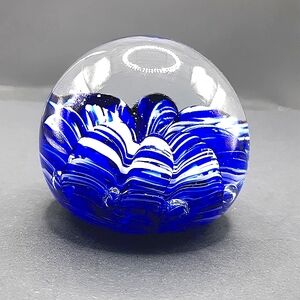 Elwood Indiana Blue & White Swirls Art Glass Paperweight